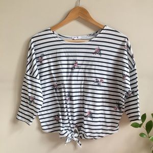 tie front floral striped t-shirt